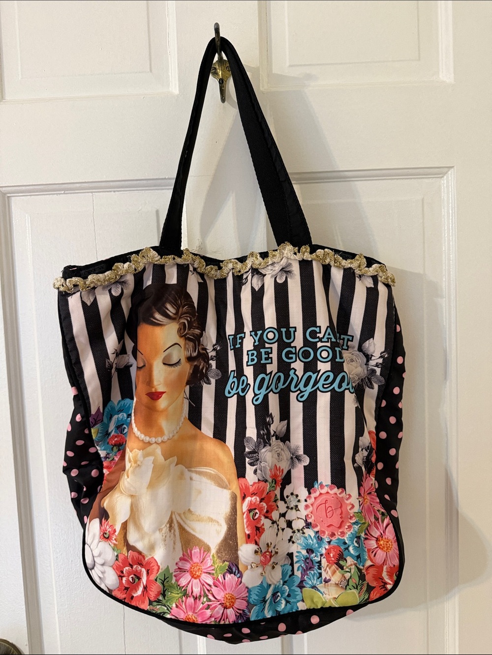 Lesportsac Black Striped Floral 'Be Gorgeous' Portrait Tote